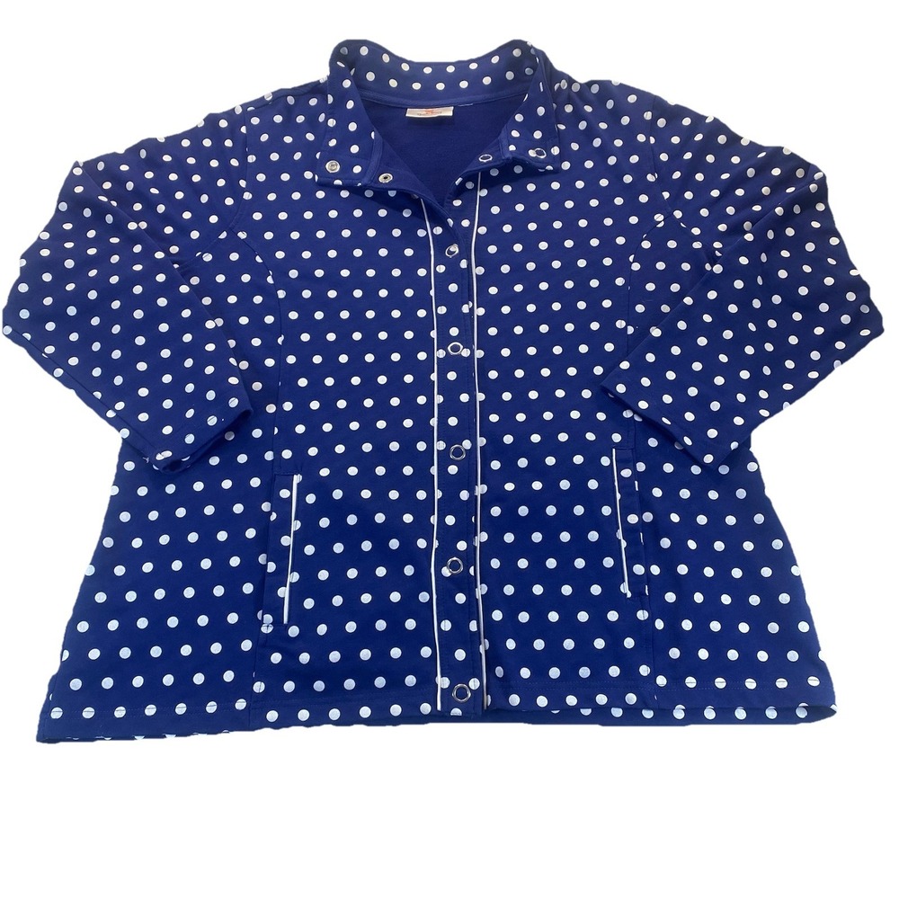Quacker Factory 3XL Navy Blue White Dots Full Snap Stretchy Jacket Cruise Resort